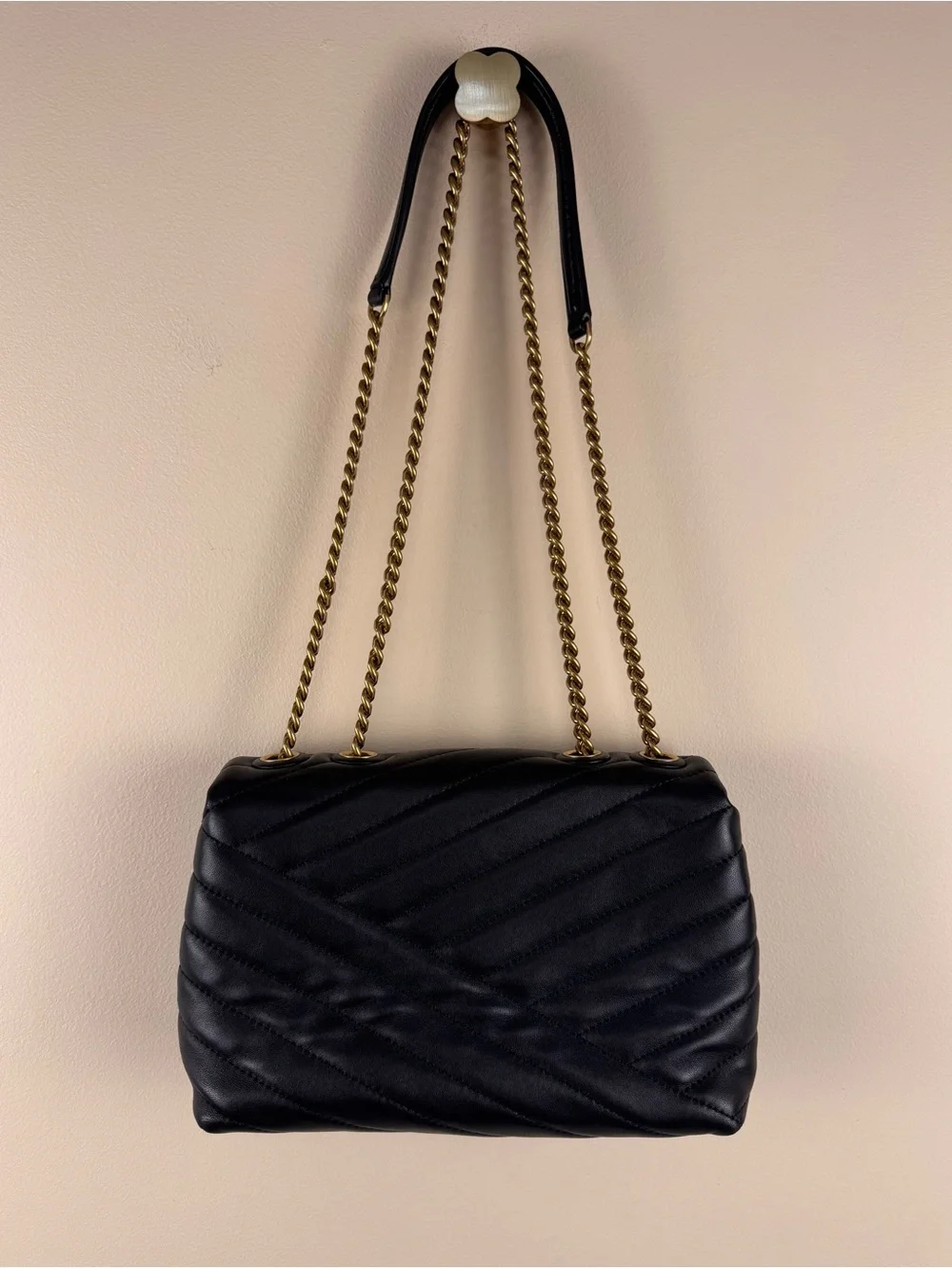 Tory Burch Kira Chevron Convertible Shoulder Bag Black Leather with Dust Bag